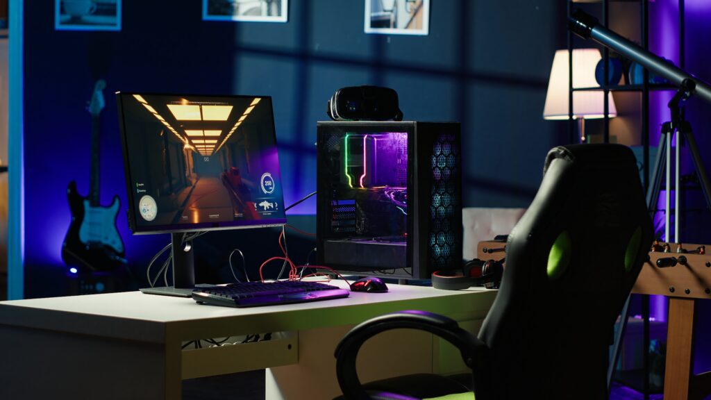 professional gaming empty room studio with neon lights professional gaming empty room studio with neon lights