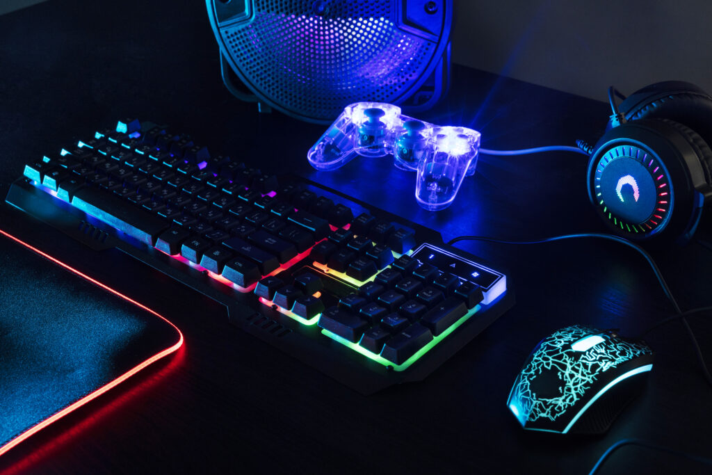 view illuminated neon gaming keyboard setup controller view illuminated neon gaming keyboard setup controller